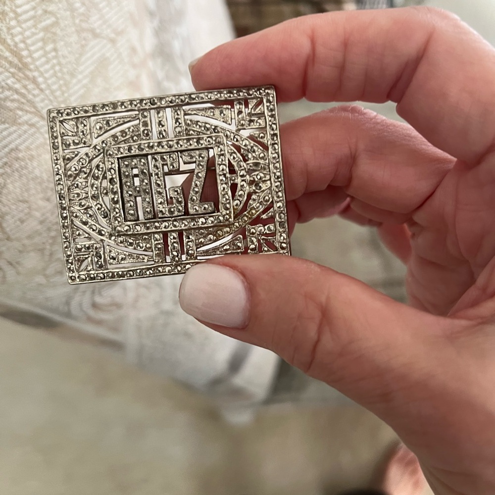 Silver vintage Marcasite broach initialed. Rare